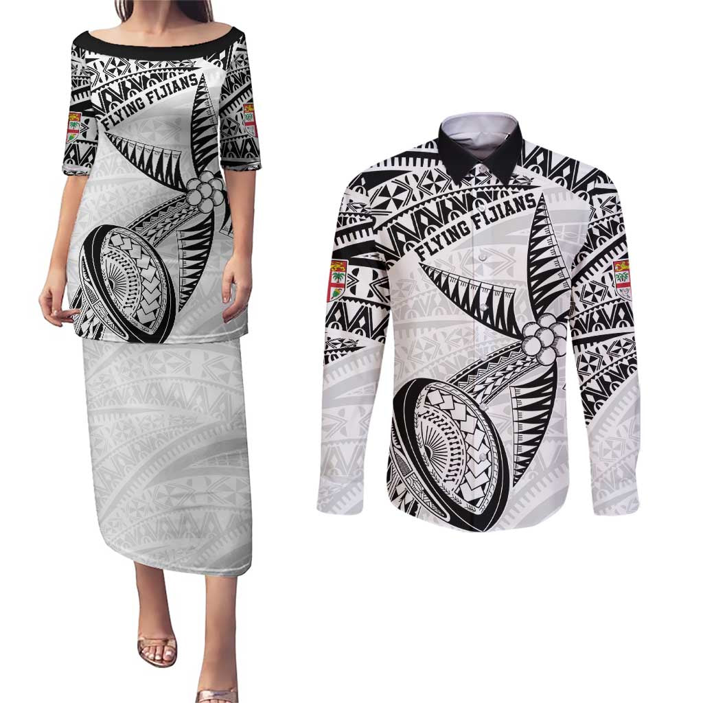 Custom Fiji Rugby Pacific Couples Matching Puletasi and Long Sleeve Button Shirt Polynesian Palm Tattoo LT9 White - Polynesian Pride