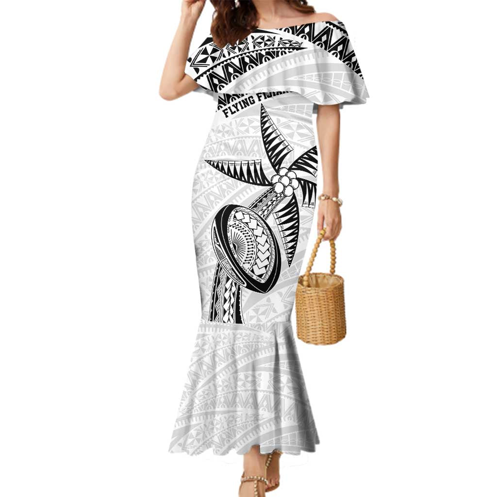 Custom Fiji Rugby Pacific Family Matching Mermaid Dress and Hawaiian Shirt Polynesian Palm Tattoo LT9 Mom's Dress White - Polynesian Pride