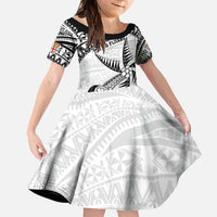 Custom Fiji Rugby Pacific Family Matching Off The Shoulder Long Sleeve Dress and Hawaiian Shirt Polynesian Palm Tattoo LT9 Daughter's Dress White - Polynesian Pride