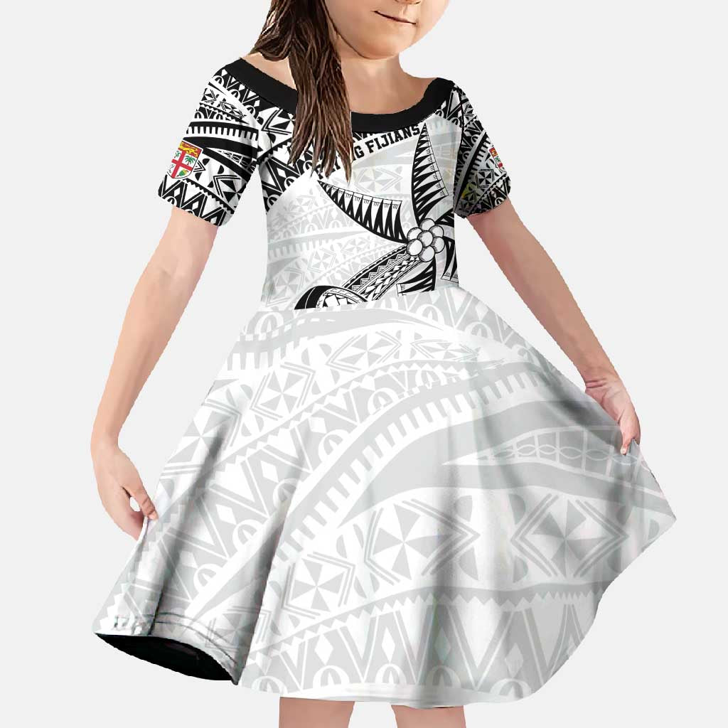Custom Fiji Rugby Pacific Family Matching Off Shoulder Maxi Dress and Hawaiian Shirt Polynesian Palm Tattoo LT9 Daughter's Dress White - Polynesian Pride