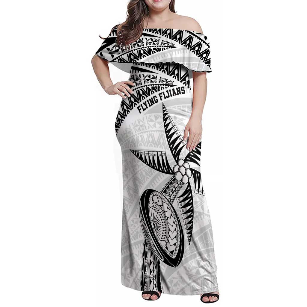 Custom Fiji Rugby Pacific Family Matching Off Shoulder Maxi Dress and Hawaiian Shirt Polynesian Palm Tattoo LT9 Mom's Dress White - Polynesian Pride