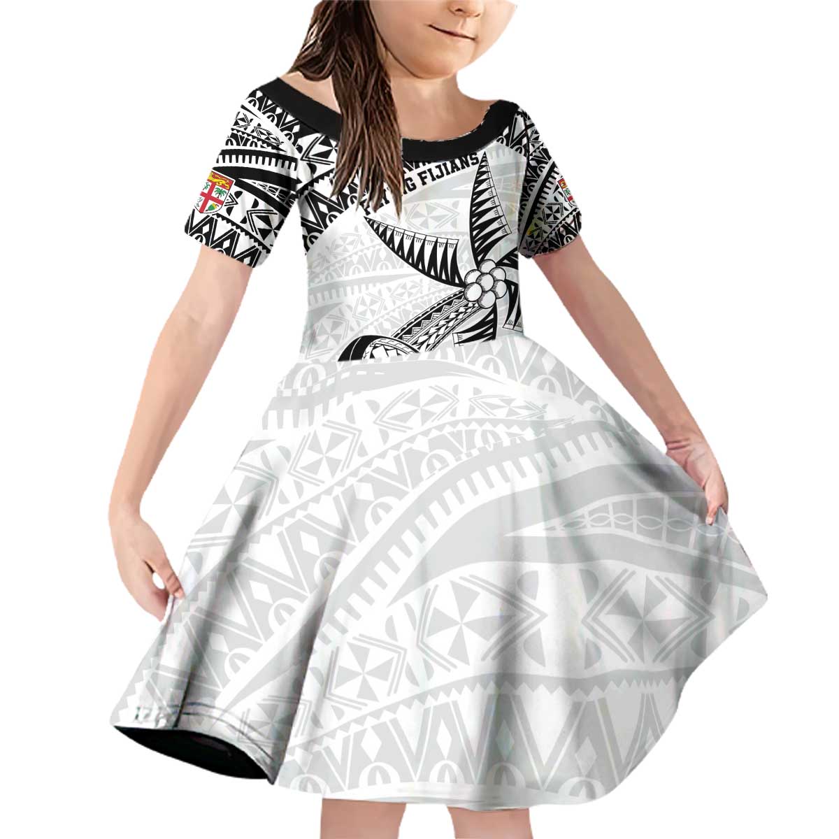Custom Fiji Rugby Pacific Family Matching Off Shoulder Short Dress and Hawaiian Shirt Polynesian Palm Tattoo LT9 Daughter's Dress White - Polynesian Pride