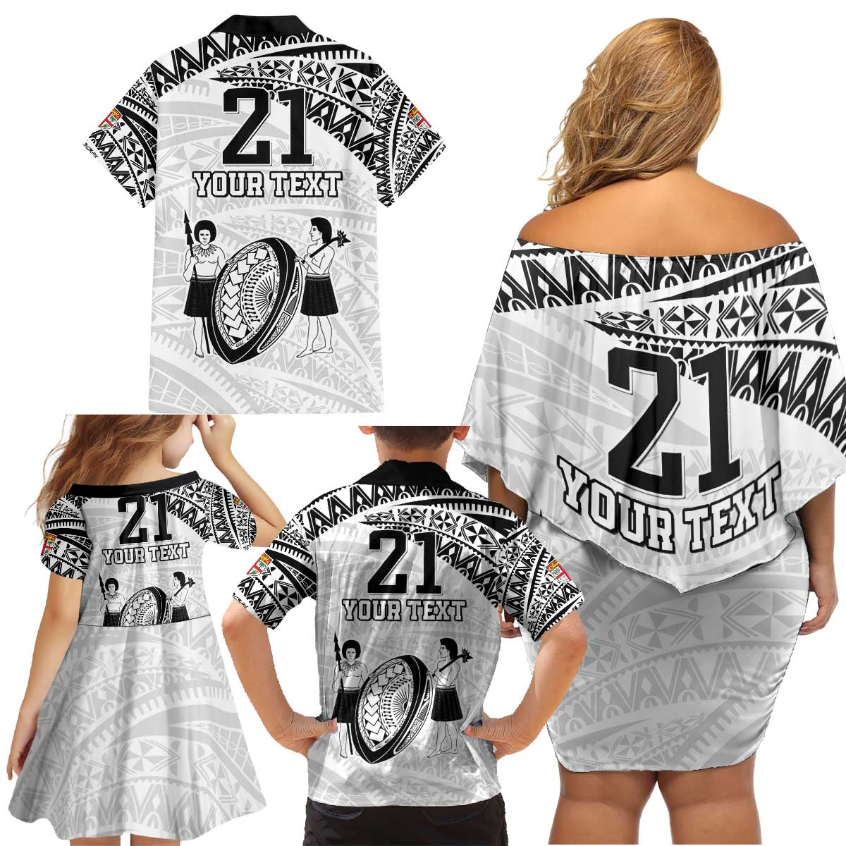 Custom Fiji Rugby Pacific Family Matching Off Shoulder Short Dress and Hawaiian Shirt Polynesian Palm Tattoo LT9 - Polynesian Pride