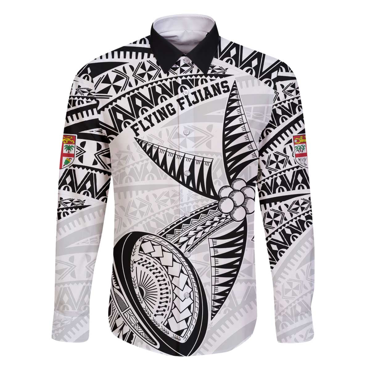 Custom Fiji Rugby Pacific Family Matching Off Shoulder Short Dress and Hawaiian Shirt Polynesian Palm Tattoo LT9 Dad's Shirt - Long Sleeve White - Polynesian Pride