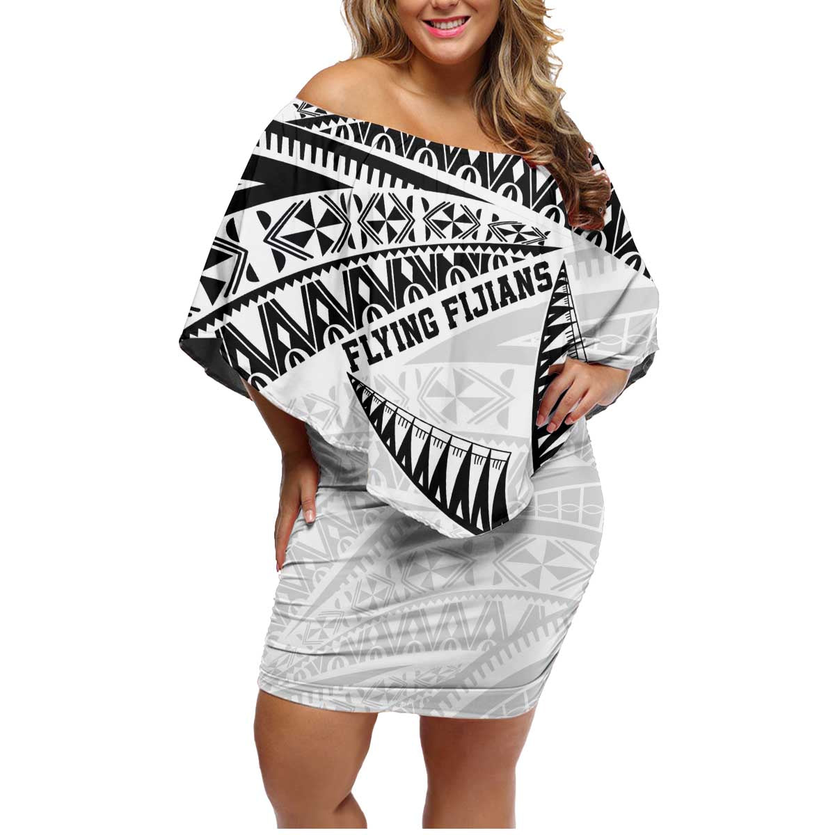 Custom Fiji Rugby Pacific Family Matching Off Shoulder Short Dress and Hawaiian Shirt Polynesian Palm Tattoo LT9 Mom's Dress White - Polynesian Pride