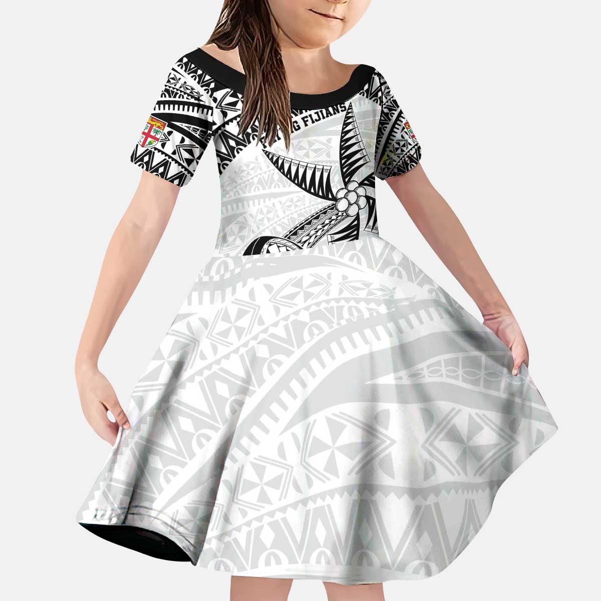 Custom Fiji Rugby Pacific Family Matching Puletasi and Hawaiian Shirt Polynesian Palm Tattoo LT9 Daughter's Dress White - Polynesian Pride