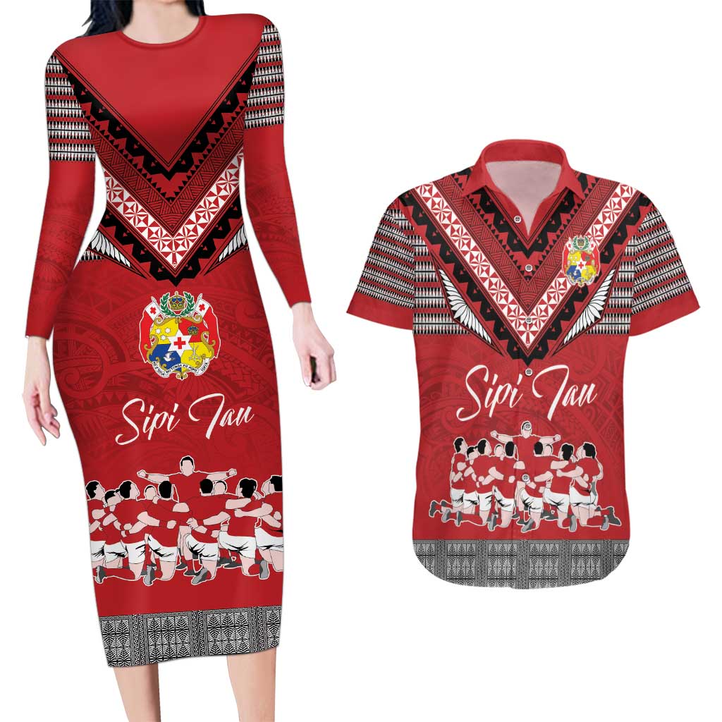 Personalised Tonga Rugby Pacific Couples Matching Long Sleeve Bodycon Dress and Hawaiian Shirt Ikale Tahi Sipi Tau LT9 Red - Polynesian Pride