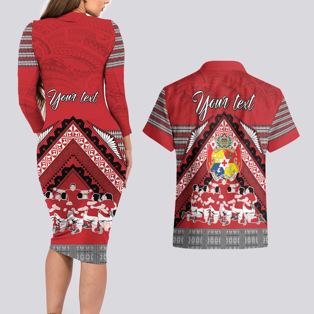 Personalised Tonga Rugby Pacific Couples Matching Long Sleeve Bodycon Dress and Hawaiian Shirt Ikale Tahi Sipi Tau LT9 - Polynesian Pride