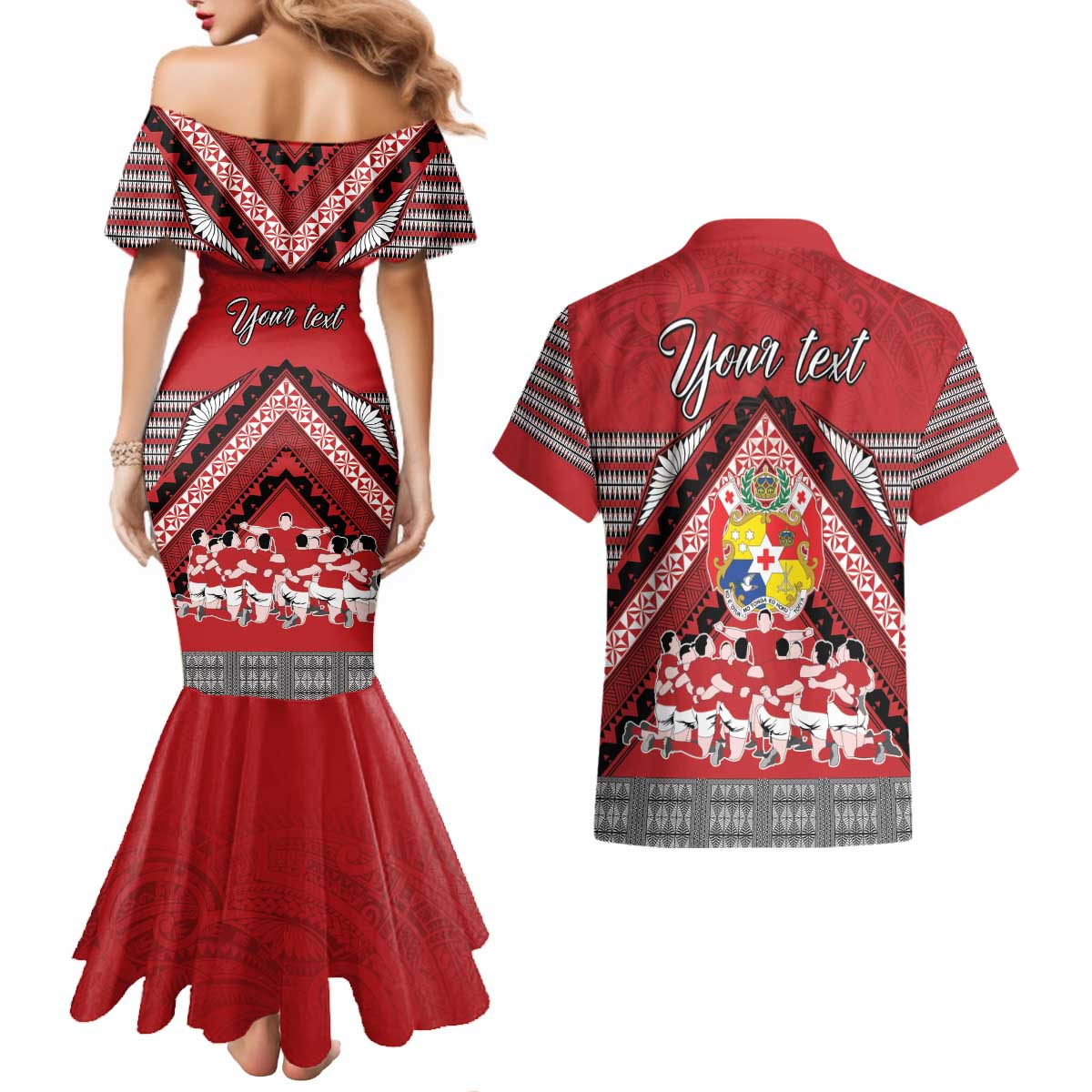 Personalised Tonga Rugby Pacific Couples Matching Mermaid Dress and Hawaiian Shirt Ikale Tahi Sipi Tau LT9 - Polynesian Pride