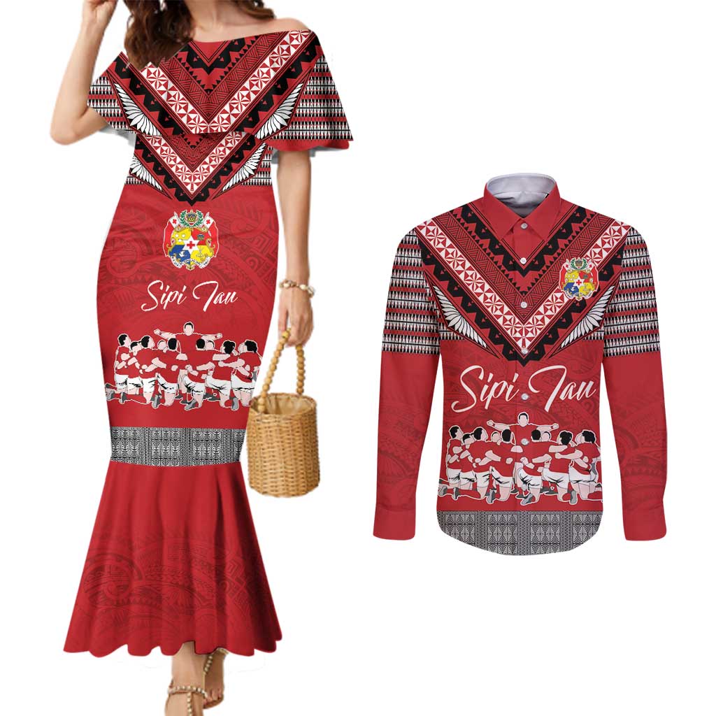 Personalised Tonga Rugby Pacific Couples Matching Mermaid Dress and Long Sleeve Button Shirt Ikale Tahi Sipi Tau LT9 Red - Polynesian Pride