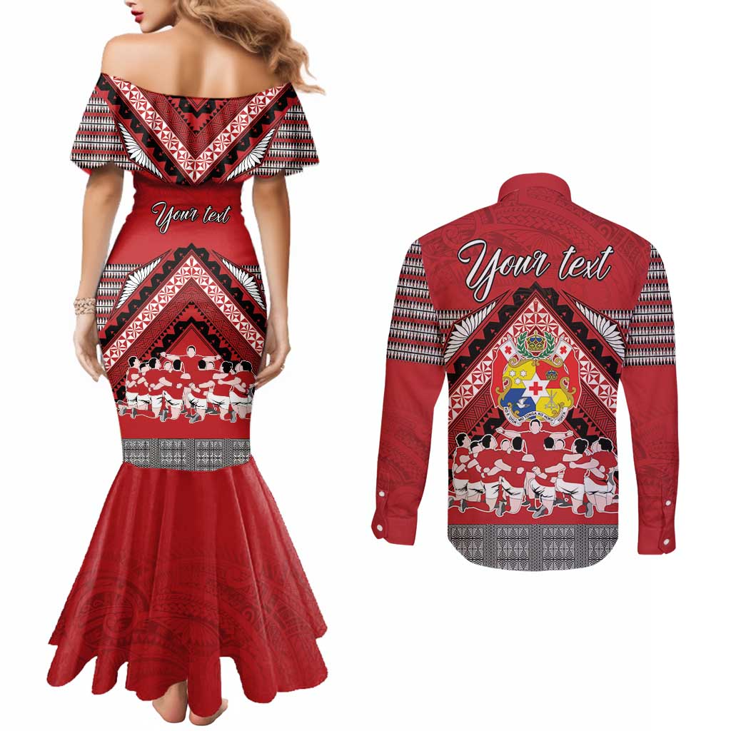Personalised Tonga Rugby Pacific Couples Matching Mermaid Dress and Long Sleeve Button Shirt Ikale Tahi Sipi Tau LT9 - Polynesian Pride