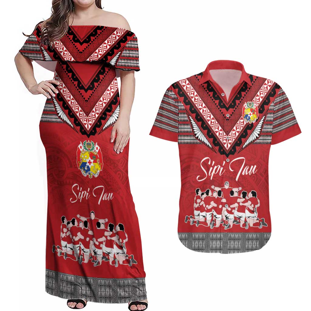 Personalised Tonga Rugby Pacific Couples Matching Off Shoulder Maxi Dress and Hawaiian Shirt Ikale Tahi Sipi Tau LT9 Red - Polynesian Pride