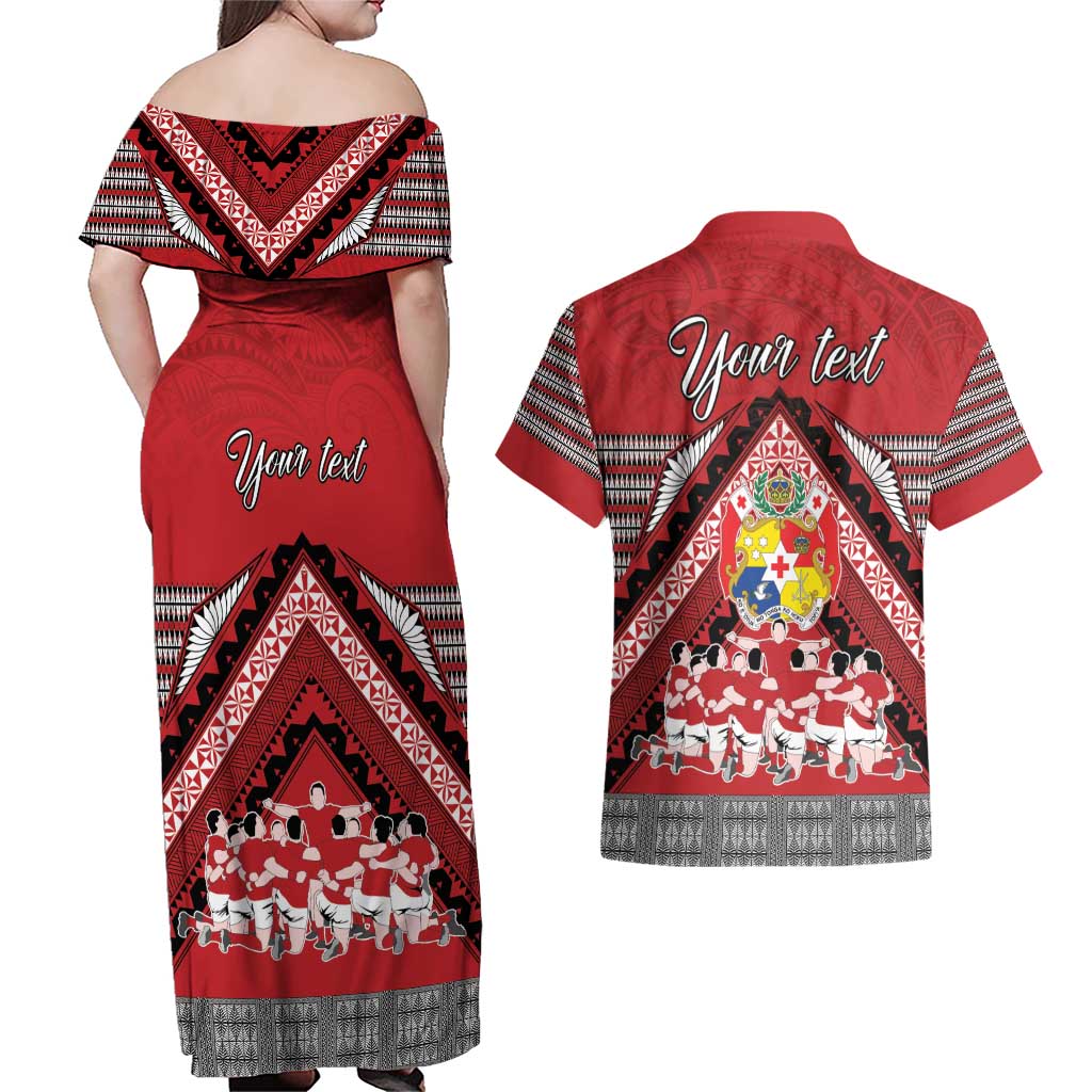 Personalised Tonga Rugby Pacific Couples Matching Off Shoulder Maxi Dress and Hawaiian Shirt Ikale Tahi Sipi Tau LT9 - Polynesian Pride