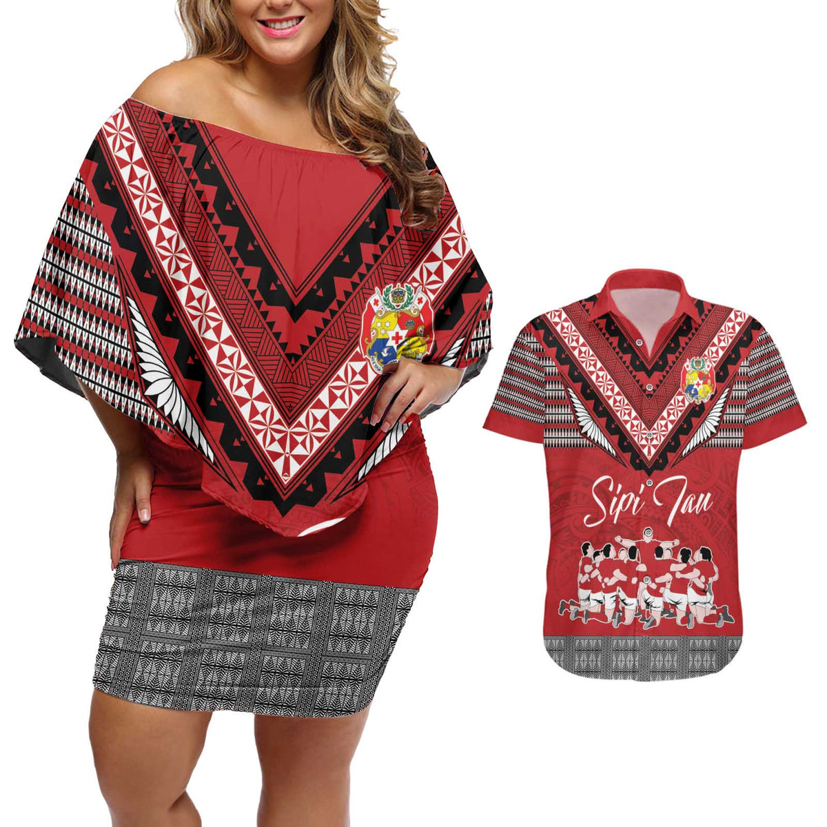 Personalised Tonga Rugby Pacific Couples Matching Off Shoulder Short Dress and Hawaiian Shirt Ikale Tahi Sipi Tau LT9 Red - Polynesian Pride