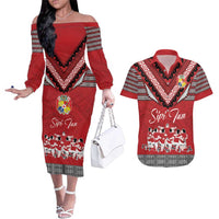Personalised Tonga Rugby Pacific Couples Matching Off The Shoulder Long Sleeve Dress and Hawaiian Shirt Ikale Tahi Sipi Tau LT9 Red - Polynesian Pride