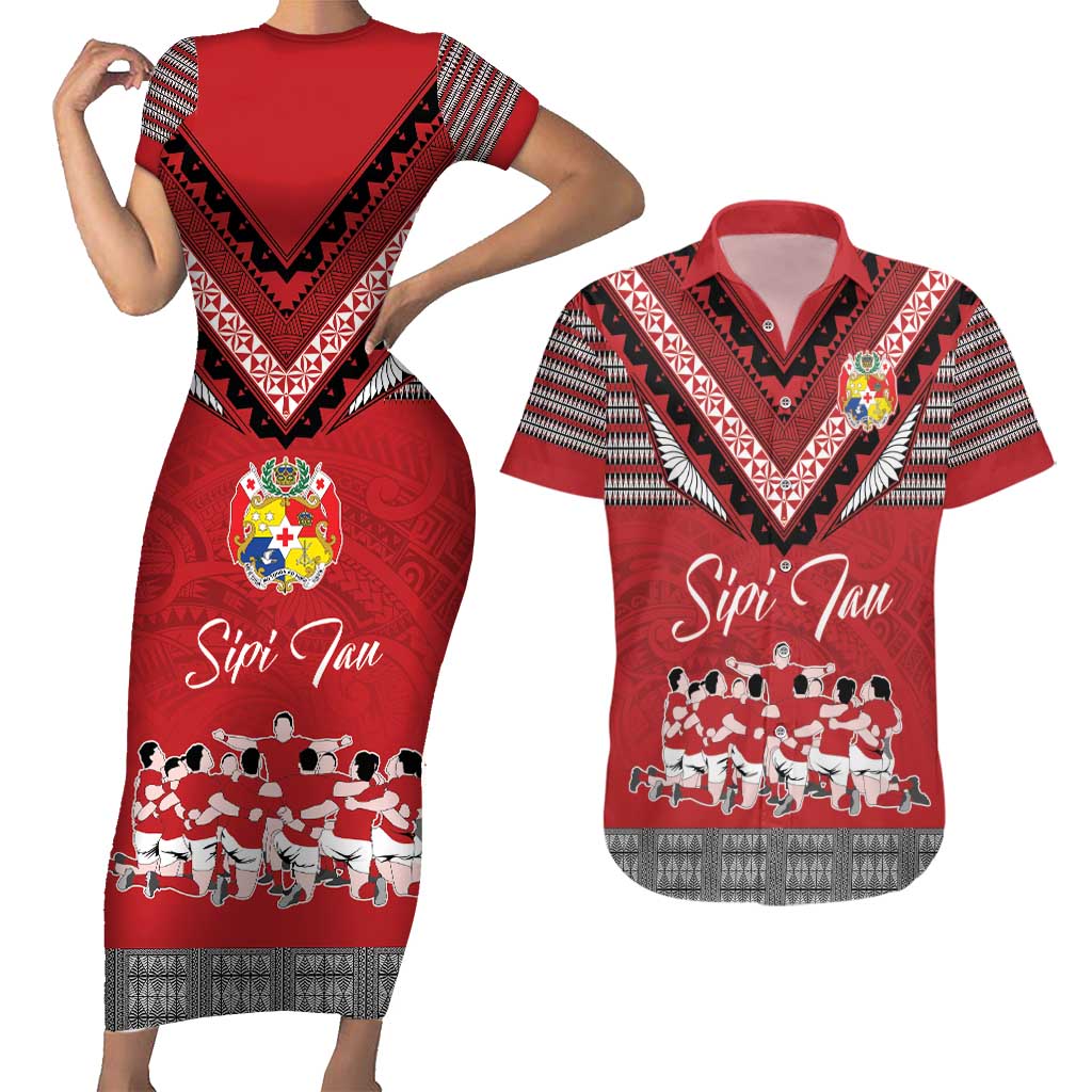 Personalised Tonga Rugby Pacific Couples Matching Short Sleeve Bodycon Dress and Hawaiian Shirt Ikale Tahi Sipi Tau LT9 Red - Polynesian Pride