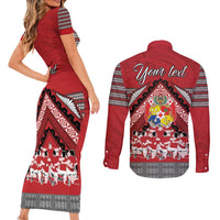 Personalised Tonga Rugby Pacific Couples Matching Short Sleeve Bodycon Dress and Long Sleeve Button Shirt Ikale Tahi Sipi Tau LT9 - Polynesian Pride