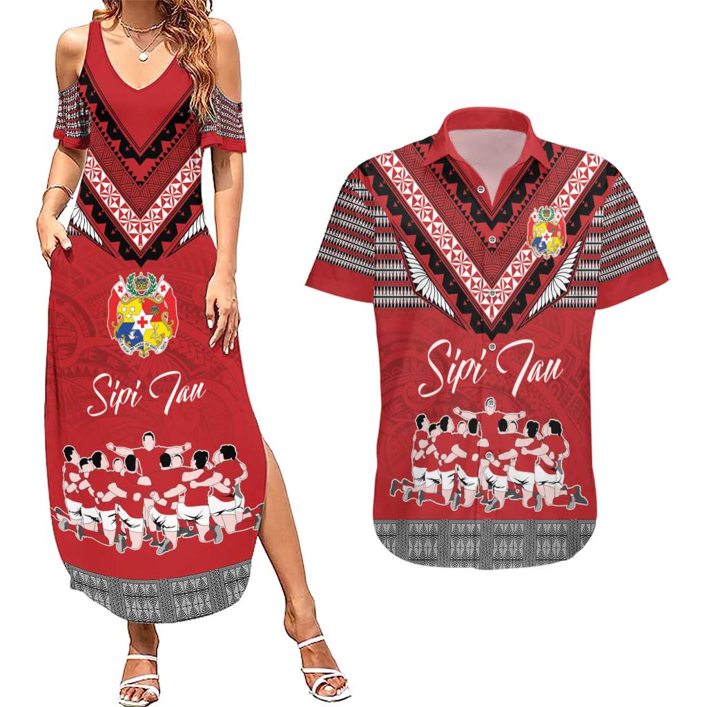 Personalised Tonga Rugby Pacific Couples Matching Summer Maxi Dress and Hawaiian Shirt Ikale Tahi Sipi Tau LT9 Red - Polynesian Pride