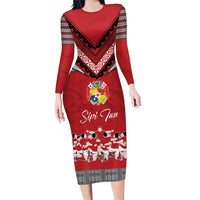 Personalised Tonga Rugby Pacific Family Matching Long Sleeve Bodycon Dress and Hawaiian Shirt Ikale Tahi Sipi Tau LT9 Mom's Dress Red - Polynesian Pride