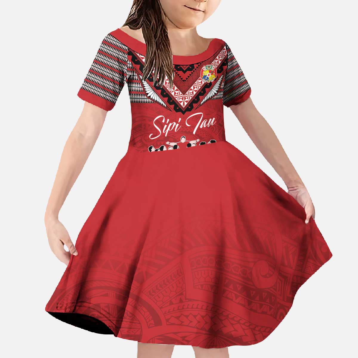 Personalised Tonga Rugby Pacific Family Matching Off The Shoulder Long Sleeve Dress and Hawaiian Shirt Ikale Tahi Sipi Tau LT9 Daughter's Dress Red - Polynesian Pride