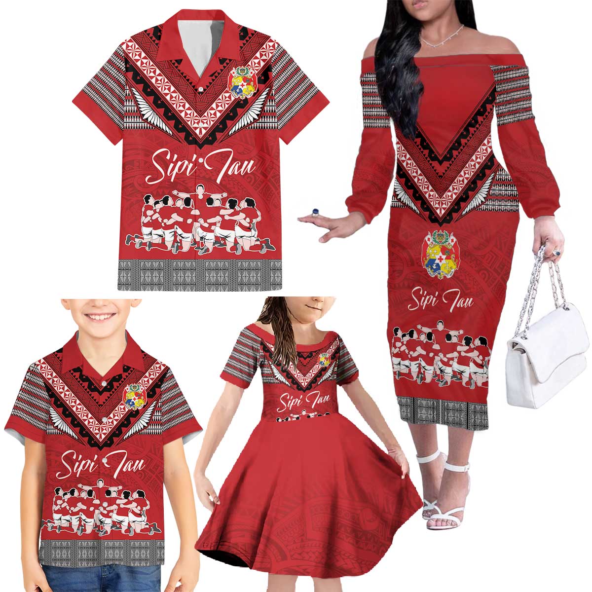 Personalised Tonga Rugby Pacific Family Matching Off The Shoulder Long Sleeve Dress and Hawaiian Shirt Ikale Tahi Sipi Tau LT9 - Polynesian Pride