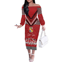 Personalised Tonga Rugby Pacific Family Matching Off The Shoulder Long Sleeve Dress and Hawaiian Shirt Ikale Tahi Sipi Tau LT9 Mom's Dress Red - Polynesian Pride