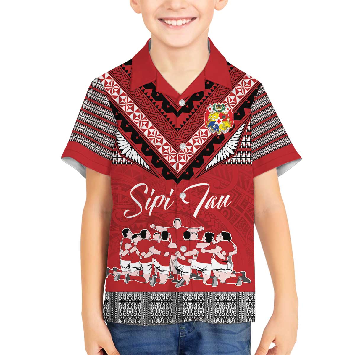 Personalised Tonga Rugby Pacific Family Matching Off The Shoulder Long Sleeve Dress and Hawaiian Shirt Ikale Tahi Sipi Tau LT9 Son's Shirt Red - Polynesian Pride