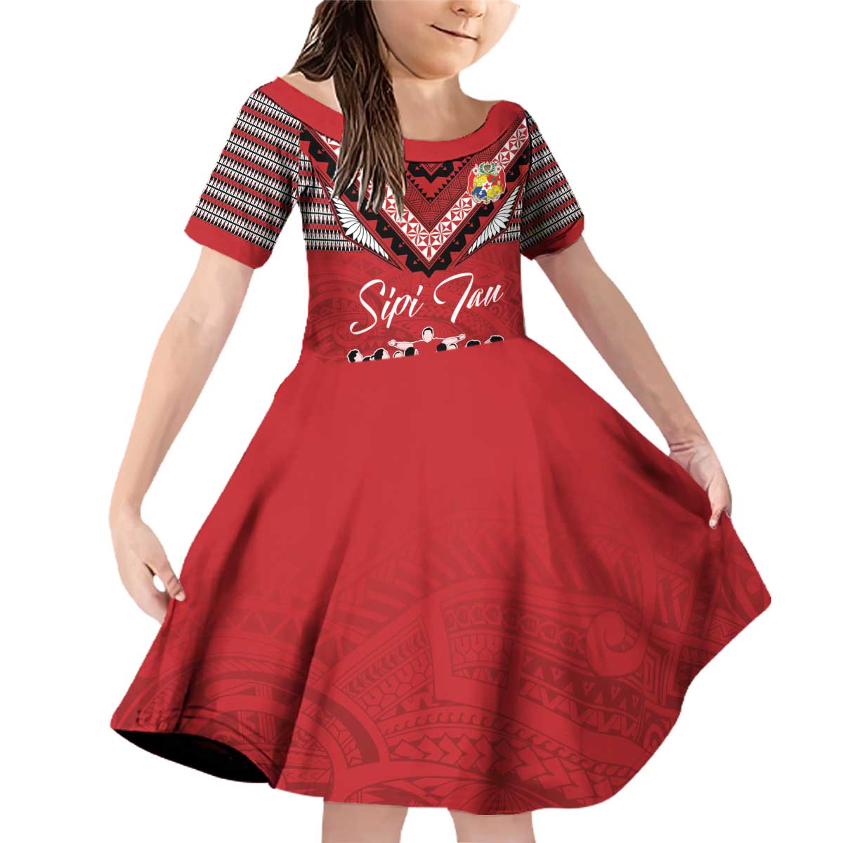 Personalised Tonga Rugby Pacific Family Matching Off Shoulder Short Dress and Hawaiian Shirt Ikale Tahi Sipi Tau LT9 Daughter's Dress Red - Polynesian Pride