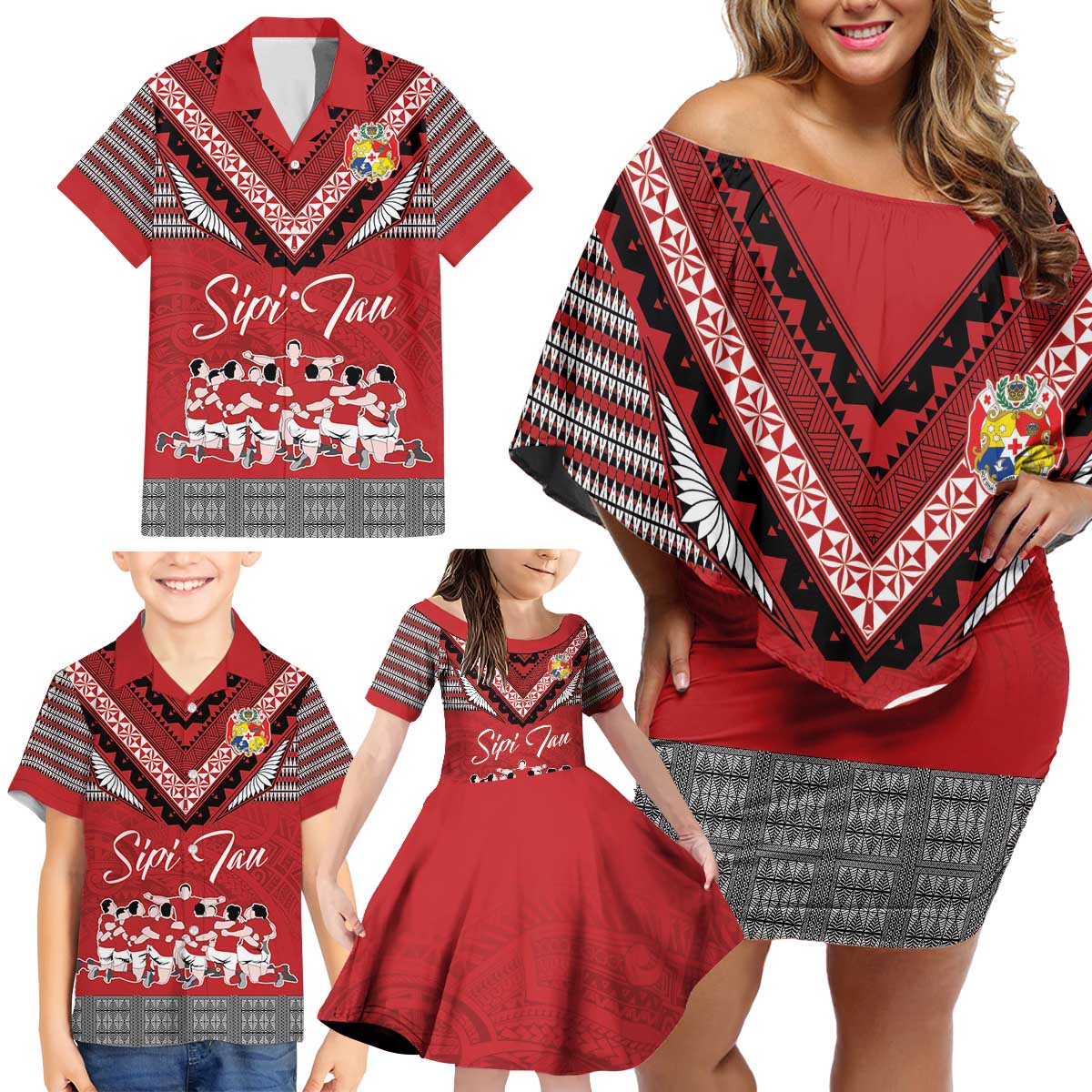 Personalised Tonga Rugby Pacific Family Matching Off Shoulder Short Dress and Hawaiian Shirt Ikale Tahi Sipi Tau LT9 - Polynesian Pride
