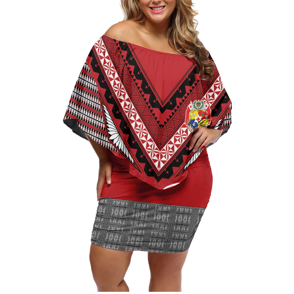Personalised Tonga Rugby Pacific Family Matching Off Shoulder Short Dress and Hawaiian Shirt Ikale Tahi Sipi Tau LT9 Mom's Dress Red - Polynesian Pride