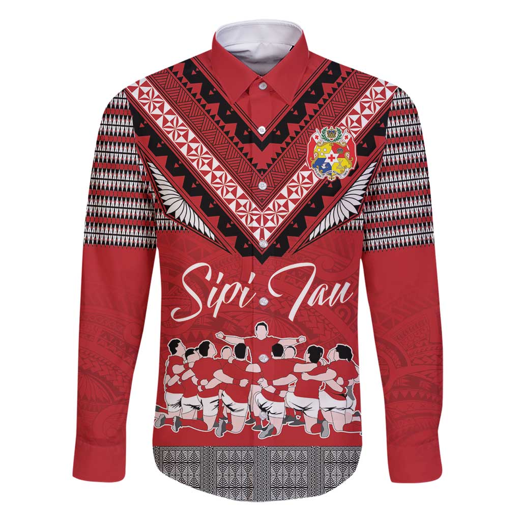 Personalised Tonga Rugby Pacific Family Matching Summer Maxi Dress and Hawaiian Shirt Ikale Tahi Sipi Tau LT9 Dad's Shirt - Long Sleeve Red - Polynesian Pride