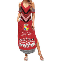 Personalised Tonga Rugby Pacific Family Matching Summer Maxi Dress and Hawaiian Shirt Ikale Tahi Sipi Tau LT9 Mom's Dress Red - Polynesian Pride
