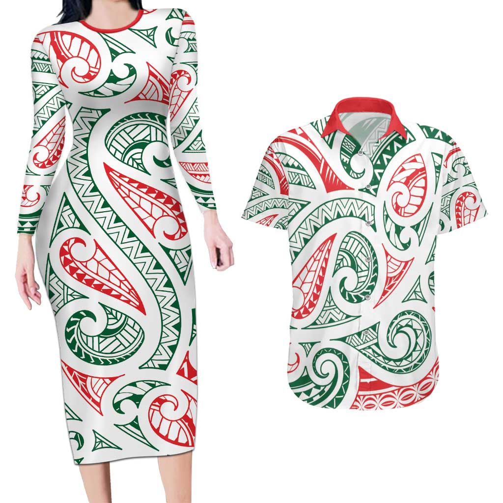 New Zealand Kowhaiwhai Christmas Couples Matching Long Sleeve Bodycon Dress and Hawaiian Shirt Traditional Maori Koru Pattern LT9 White - Polynesian Pride