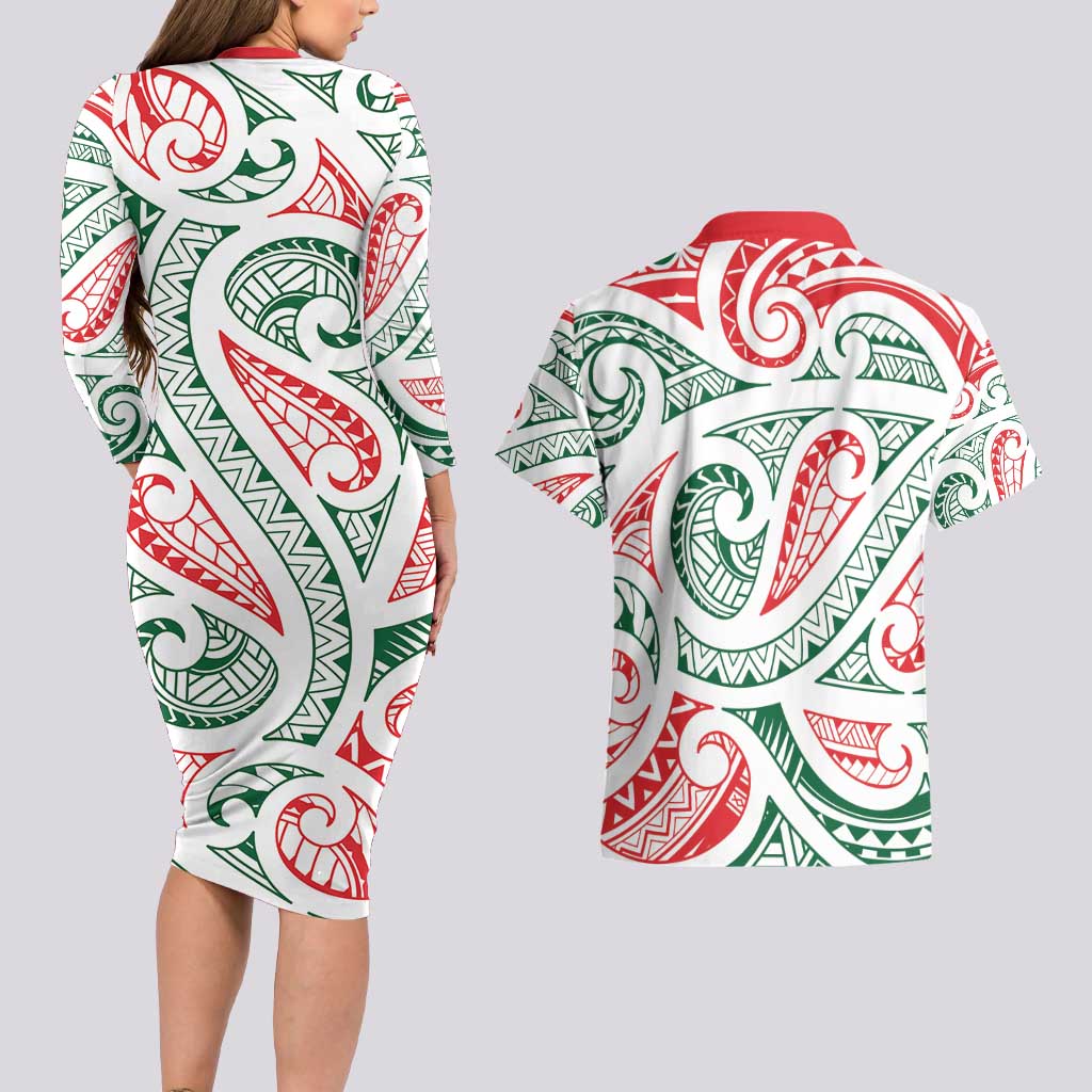 New Zealand Kowhaiwhai Christmas Couples Matching Long Sleeve Bodycon Dress and Hawaiian Shirt Traditional Maori Koru Pattern LT9 - Polynesian Pride