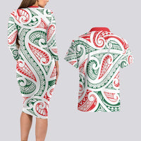 New Zealand Kowhaiwhai Christmas Couples Matching Long Sleeve Bodycon Dress and Hawaiian Shirt Traditional Maori Koru Pattern LT9 - Polynesian Pride