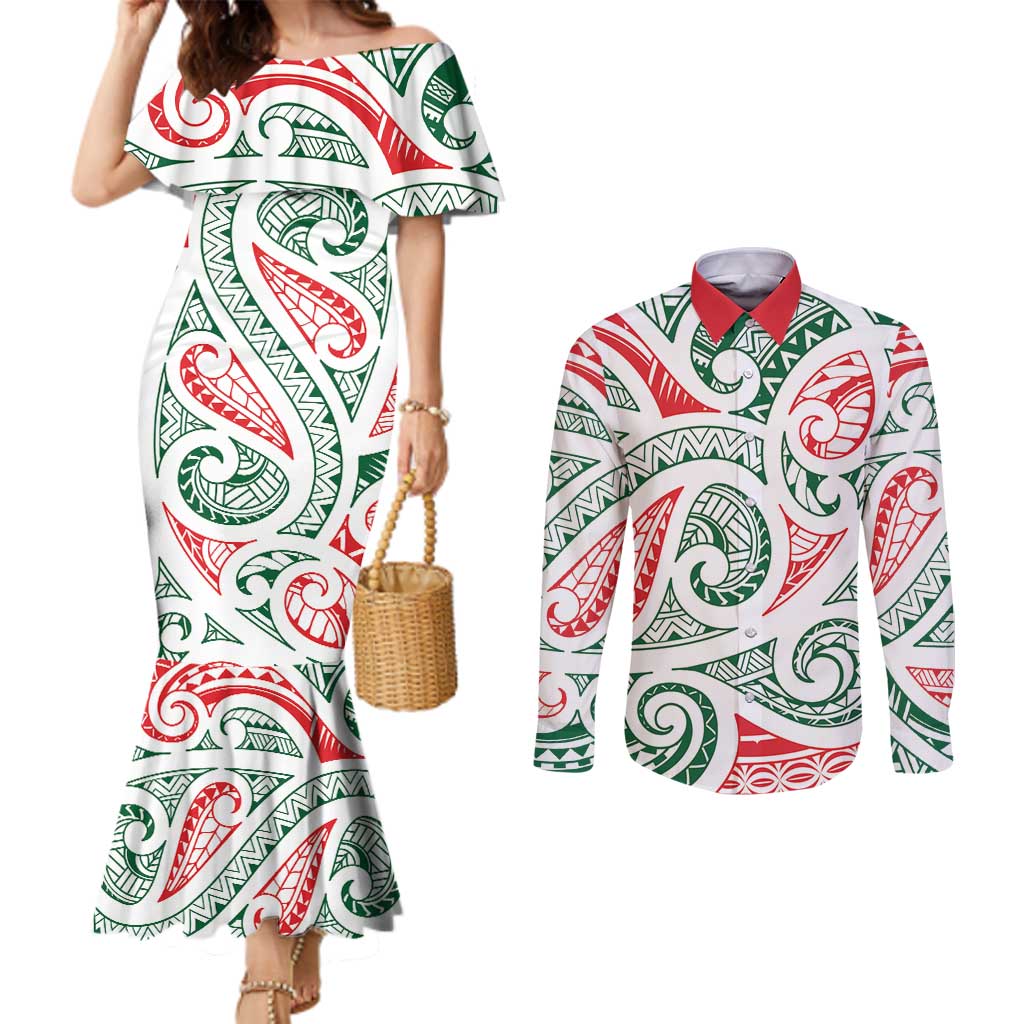 New Zealand Kowhaiwhai Christmas Couples Matching Mermaid Dress and Long Sleeve Button Shirt Traditional Maori Koru Pattern LT9 White - Polynesian Pride