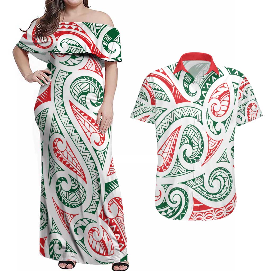 New Zealand Kowhaiwhai Christmas Couples Matching Off Shoulder Maxi Dress and Hawaiian Shirt Traditional Maori Koru Pattern LT9 White - Polynesian Pride