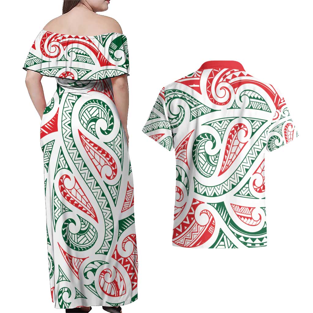 New Zealand Kowhaiwhai Christmas Couples Matching Off Shoulder Maxi Dress and Hawaiian Shirt Traditional Maori Koru Pattern LT9 - Polynesian Pride