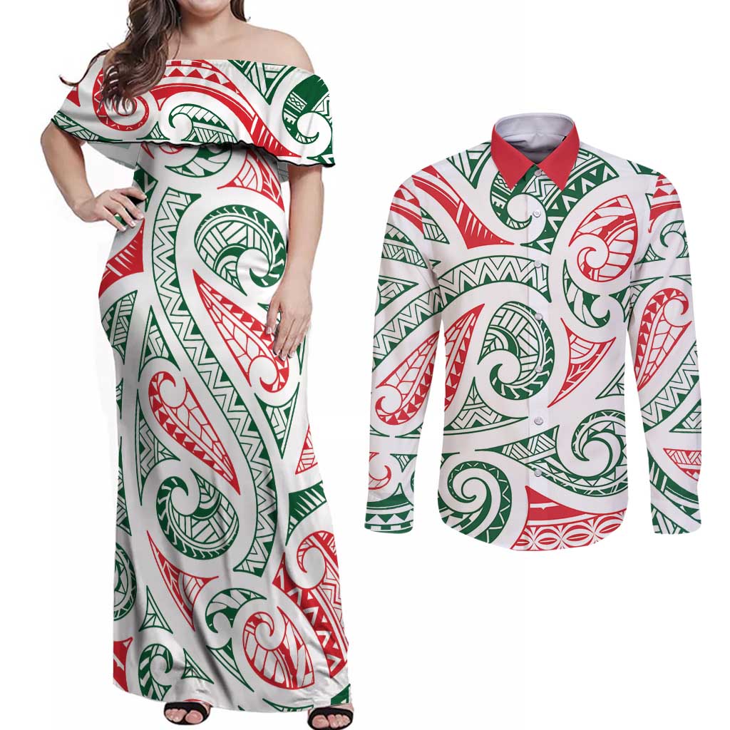 New Zealand Kowhaiwhai Christmas Couples Matching Off Shoulder Maxi Dress and Long Sleeve Button Shirt Traditional Maori Koru Pattern LT9 White - Polynesian Pride