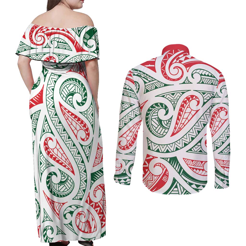 New Zealand Kowhaiwhai Christmas Couples Matching Off Shoulder Maxi Dress and Long Sleeve Button Shirt Traditional Maori Koru Pattern LT9 - Polynesian Pride