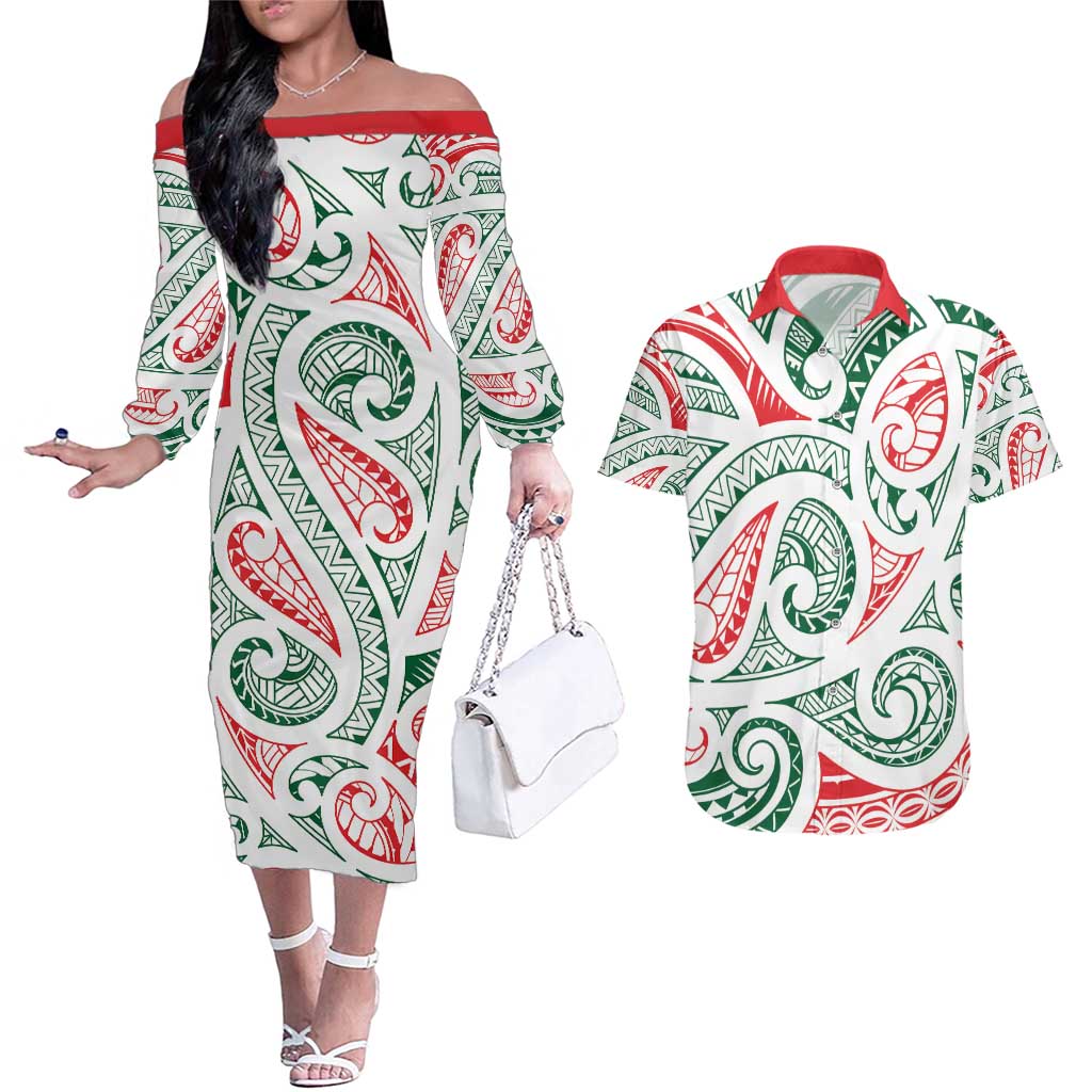 New Zealand Kowhaiwhai Christmas Couples Matching Off The Shoulder Long Sleeve Dress and Hawaiian Shirt Traditional Maori Koru Pattern LT9 White - Polynesian Pride