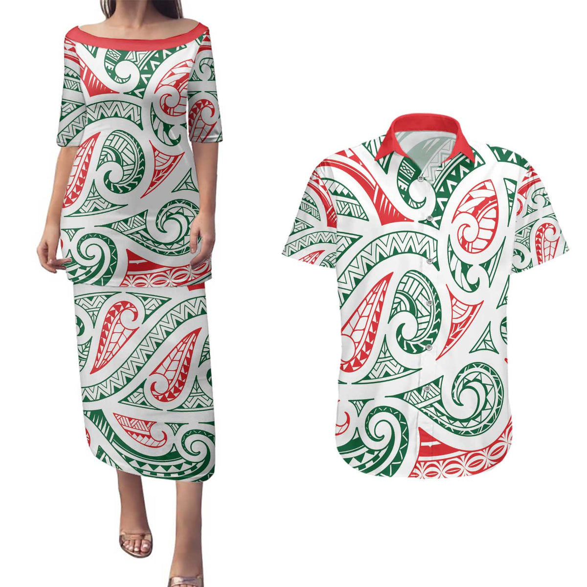 New Zealand Kowhaiwhai Christmas Couples Matching Puletasi and Hawaiian Shirt Traditional Maori Koru Pattern LT9 White - Polynesian Pride
