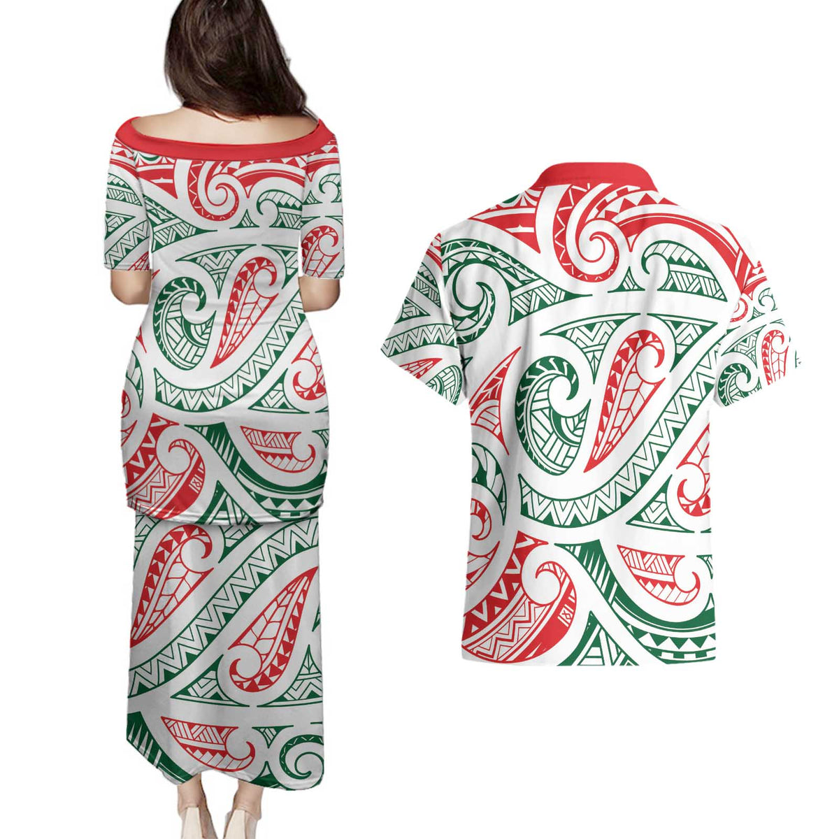 New Zealand Kowhaiwhai Christmas Couples Matching Puletasi and Hawaiian Shirt Traditional Maori Koru Pattern LT9 - Polynesian Pride