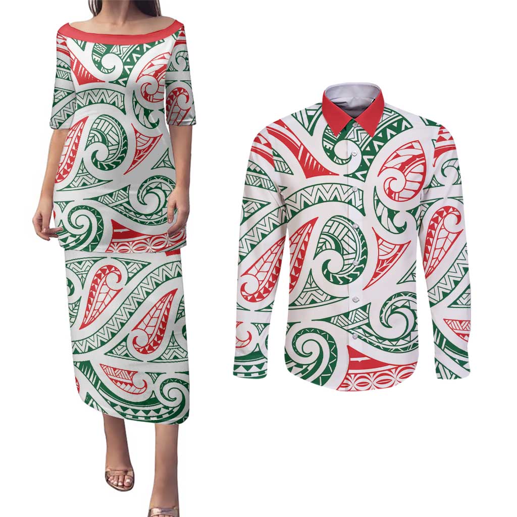 New Zealand Kowhaiwhai Christmas Couples Matching Puletasi and Long Sleeve Button Shirt Traditional Maori Koru Pattern LT9 White - Polynesian Pride