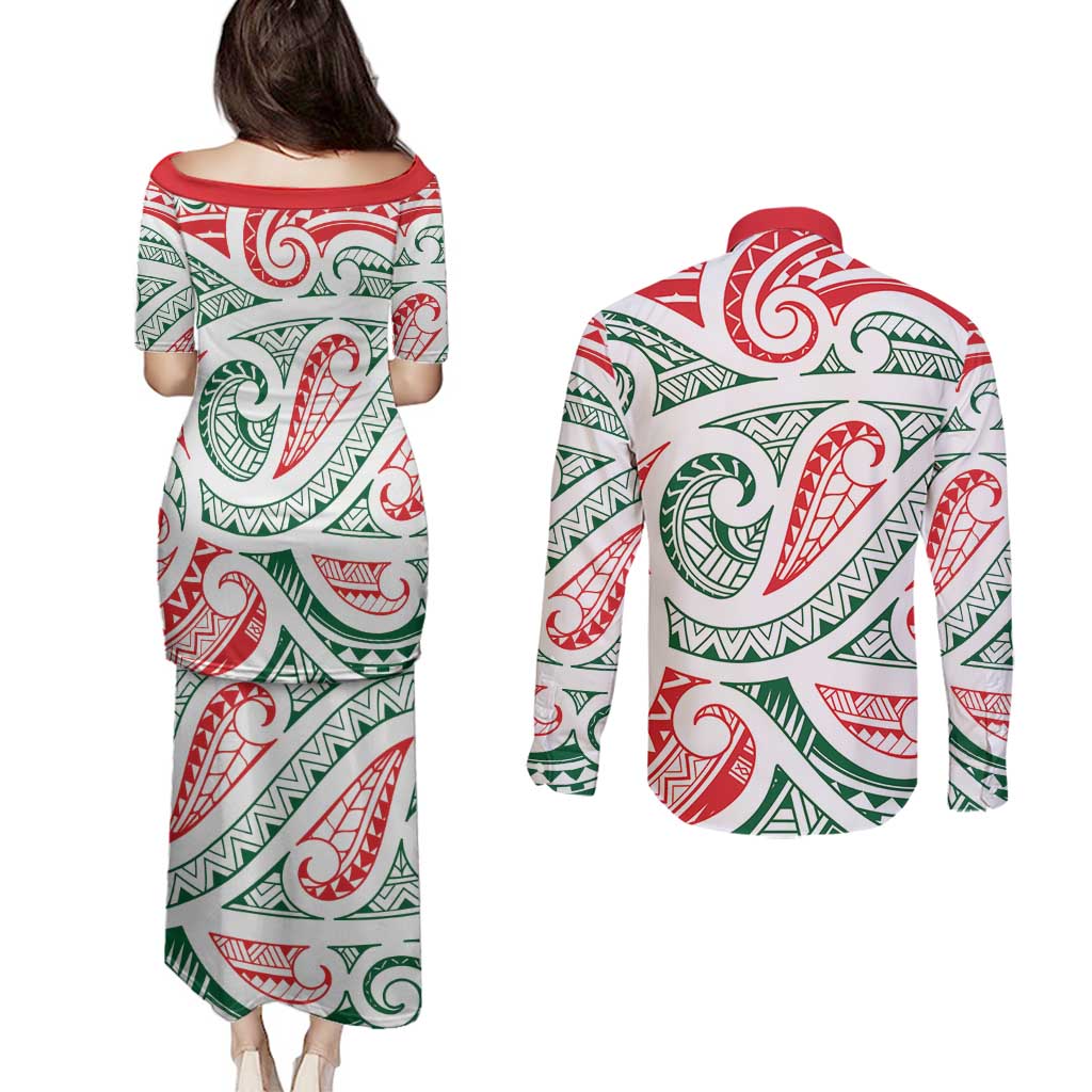 New Zealand Kowhaiwhai Christmas Couples Matching Puletasi and Long Sleeve Button Shirt Traditional Maori Koru Pattern LT9 - Polynesian Pride