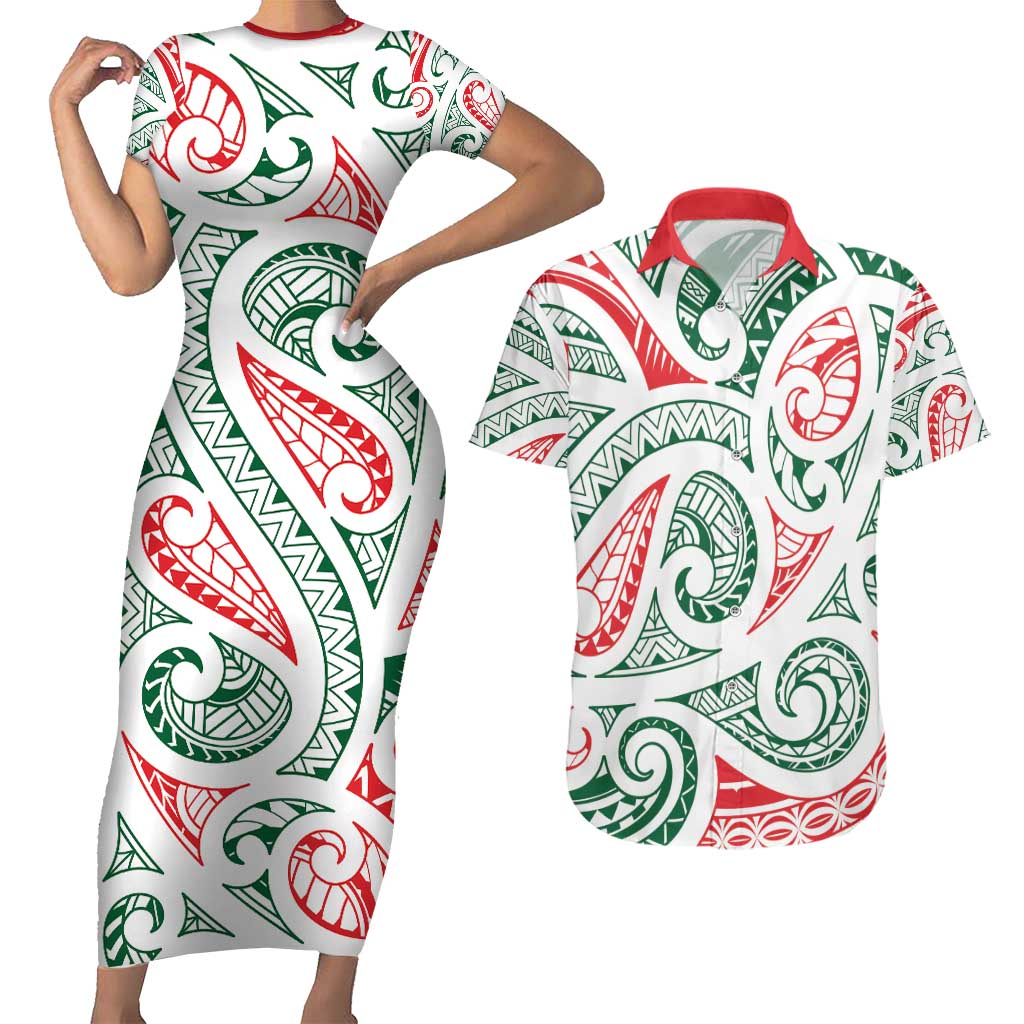 New Zealand Kowhaiwhai Christmas Couples Matching Short Sleeve Bodycon Dress and Hawaiian Shirt Traditional Maori Koru Pattern LT9 White - Polynesian Pride