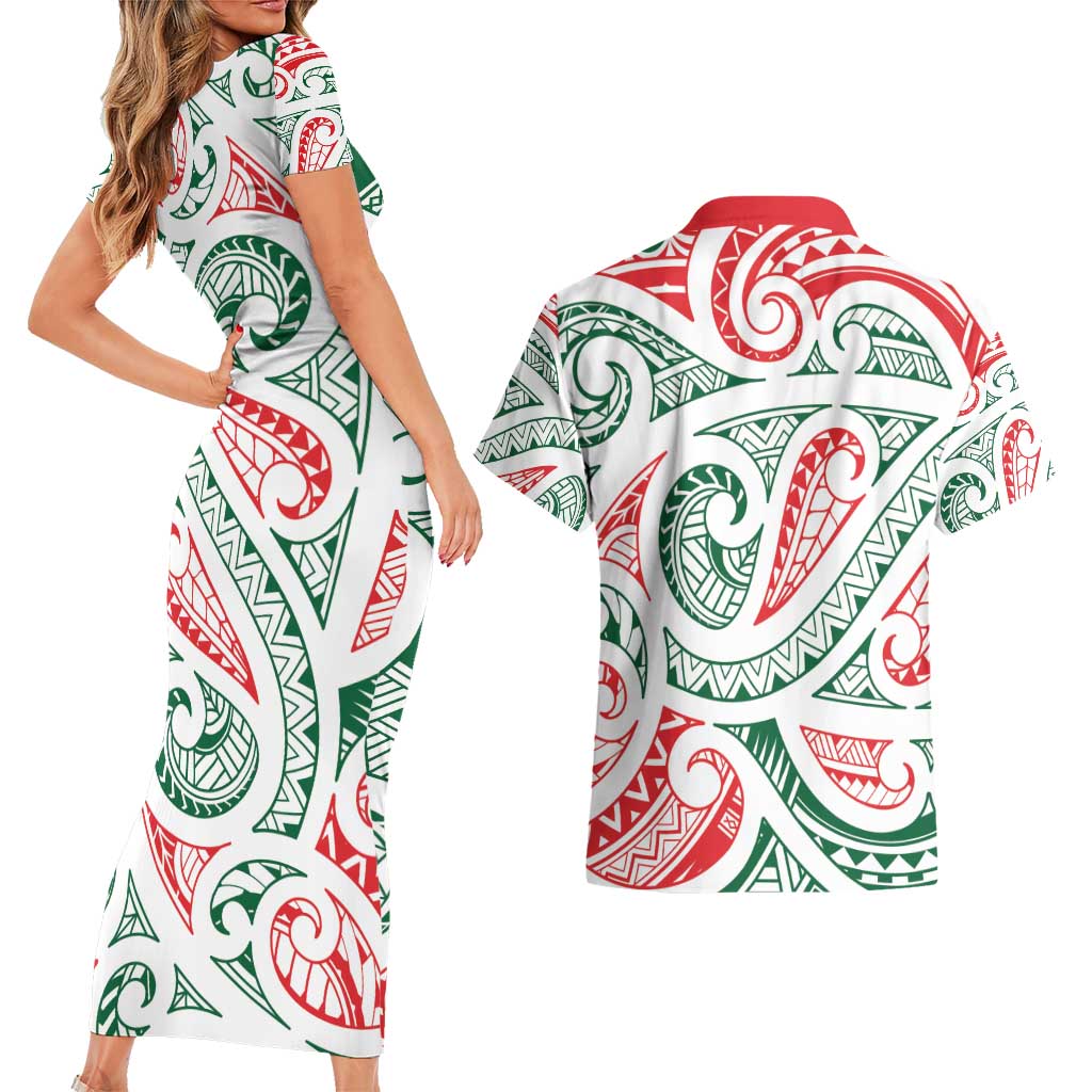 New Zealand Kowhaiwhai Christmas Couples Matching Short Sleeve Bodycon Dress and Hawaiian Shirt Traditional Maori Koru Pattern LT9 - Polynesian Pride