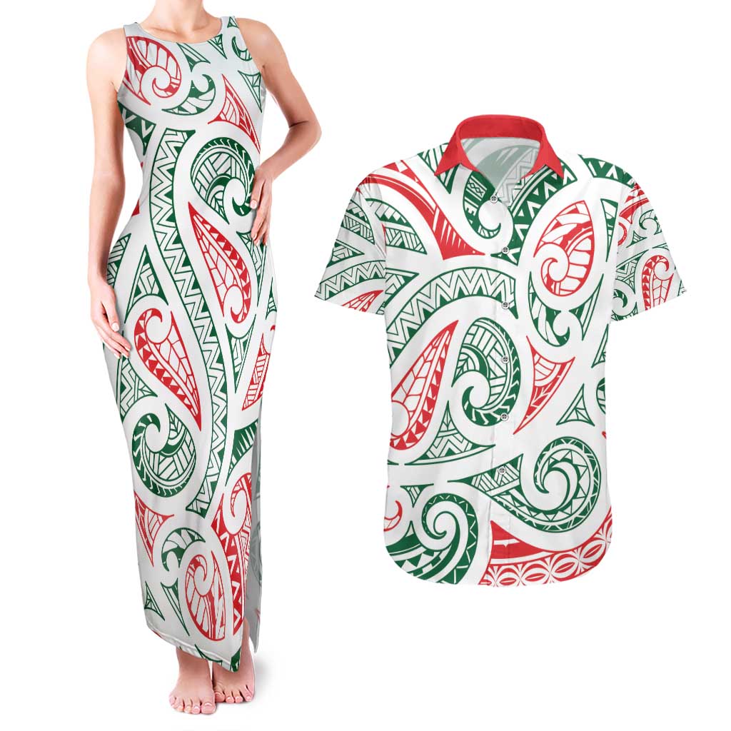New Zealand Kowhaiwhai Christmas Couples Matching Tank Maxi Dress and Hawaiian Shirt Traditional Maori Koru Pattern LT9 White - Polynesian Pride