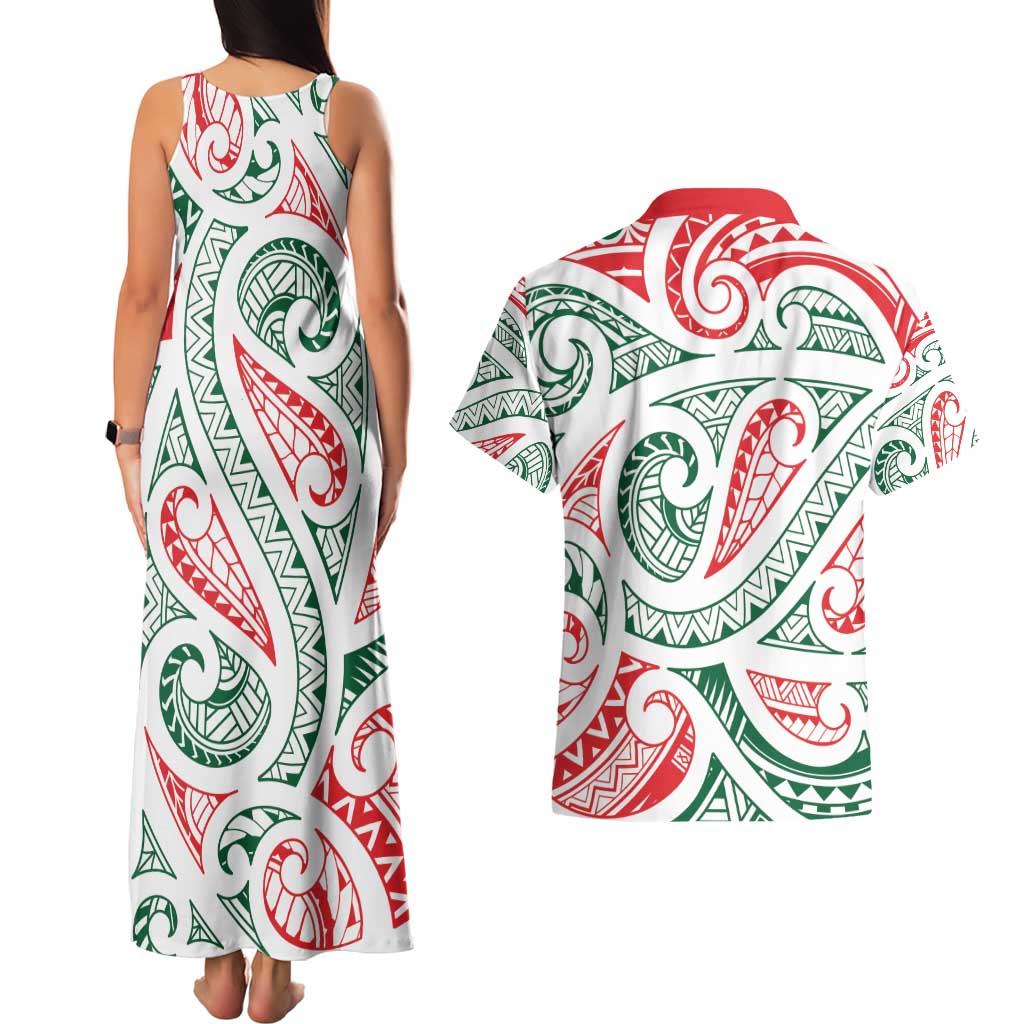 New Zealand Kowhaiwhai Christmas Couples Matching Tank Maxi Dress and Hawaiian Shirt Traditional Maori Koru Pattern LT9 - Polynesian Pride