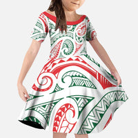 New Zealand Kowhaiwhai Christmas Family Matching Long Sleeve Bodycon Dress and Hawaiian Shirt Traditional Maori Koru Pattern LT9 Daughter's Dress White - Polynesian Pride
